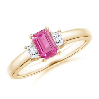 6x4mm AAA Pink Sapphire and Diamond Three Stone Ring in Yellow Gold