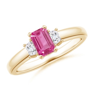 6x4mm AAAA Pink Sapphire and Diamond Three Stone Ring in Yellow Gold
