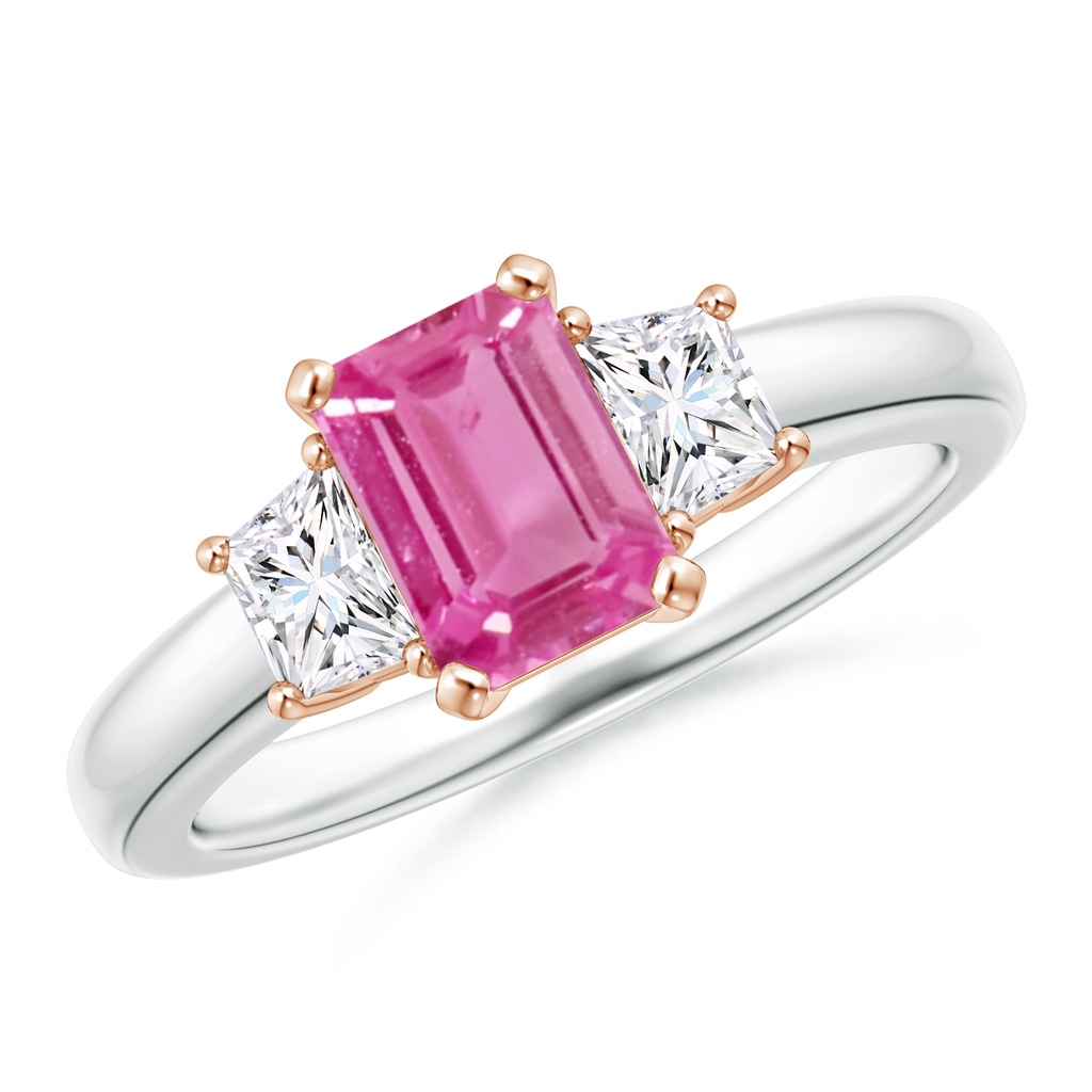 7x5mm AAA Pink Sapphire and Diamond Three Stone Ring in White Gold Rose Gold