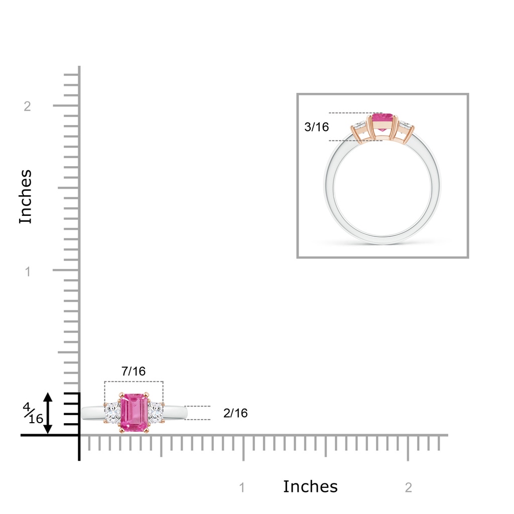 7x5mm AAA Pink Sapphire and Diamond Three Stone Ring in White Gold Rose Gold Ruler