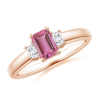 6x4mm AAA Pink Tourmaline and Diamond Three Stone Ring in 9K Rose Gold