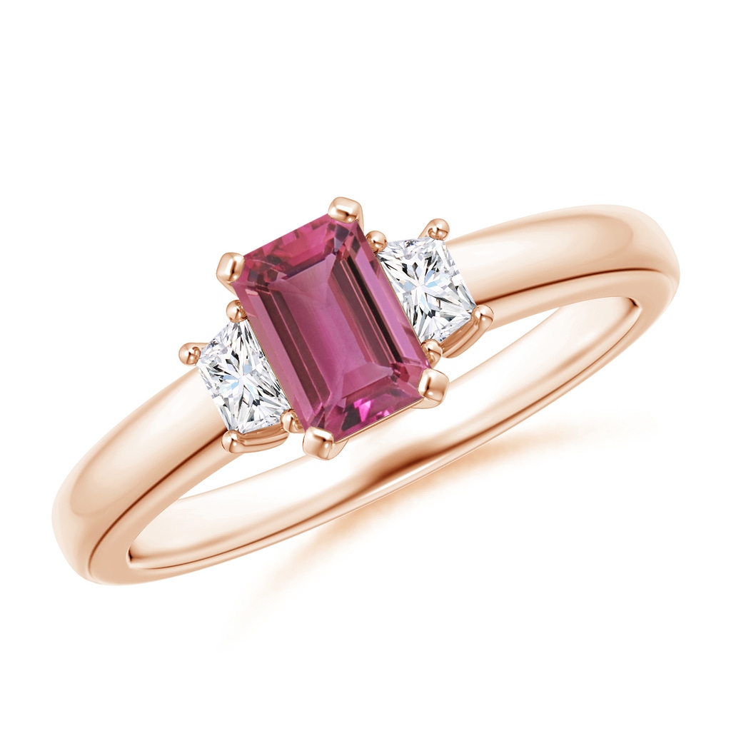 6x4mm AAAA Pink Tourmaline and Diamond Three Stone Ring in Rose Gold