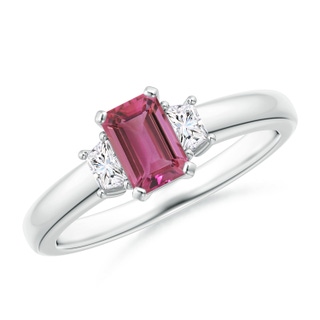 6x4mm AAAA Pink Tourmaline and Diamond Three Stone Ring in White Gold