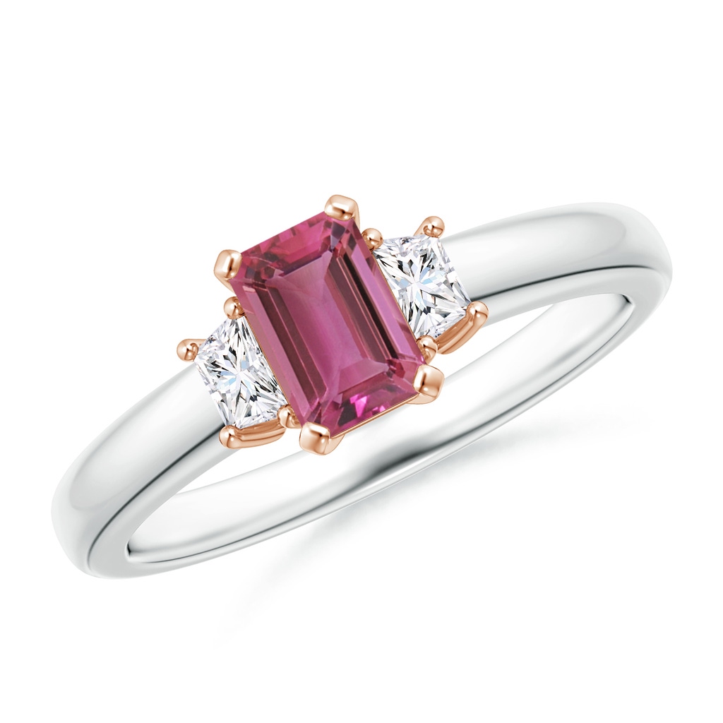 6x4mm AAAA Pink Tourmaline and Diamond Three Stone Ring in White Gold Rose Gold