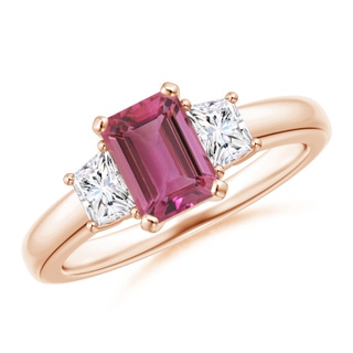 7x5mm AAAA Pink Tourmaline and Diamond Three Stone Ring in Rose Gold