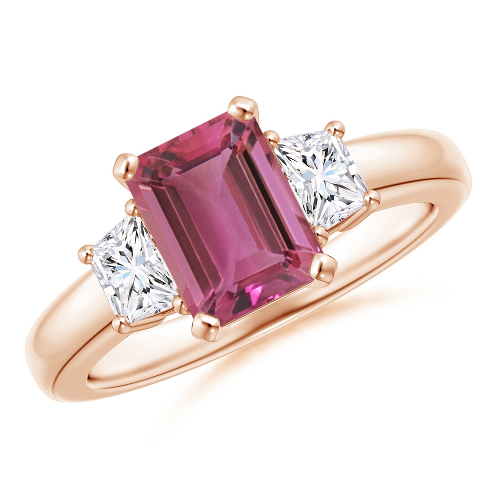 8x6mm AAAA Pink Tourmaline and Diamond Three Stone Ring in Rose Gold