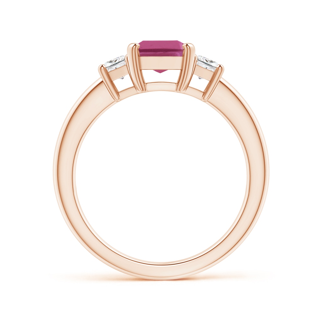 8x6mm AAAA Pink Tourmaline and Diamond Three Stone Ring in Rose Gold Side 1