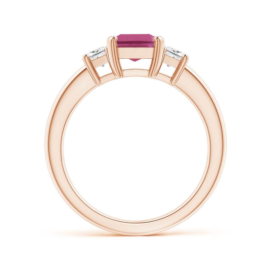 8x6mm AAAA Pink Tourmaline and Diamond Three Stone Ring in Rose Gold side 1