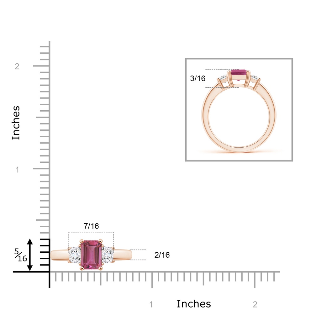 8x6mm AAAA Pink Tourmaline and Diamond Three Stone Ring in Rose Gold Ruler