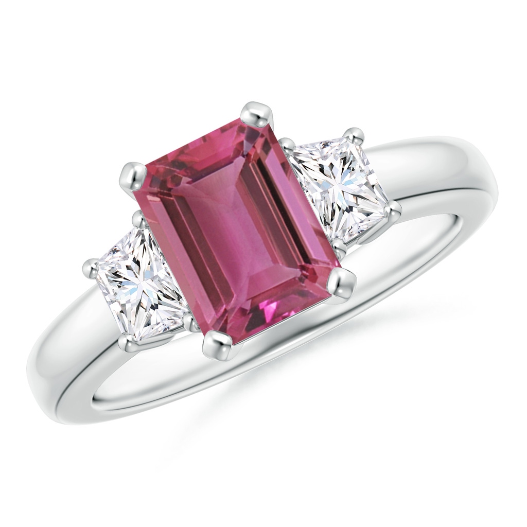 8x6mm AAAA Pink Tourmaline and Diamond Three Stone Ring in White Gold 