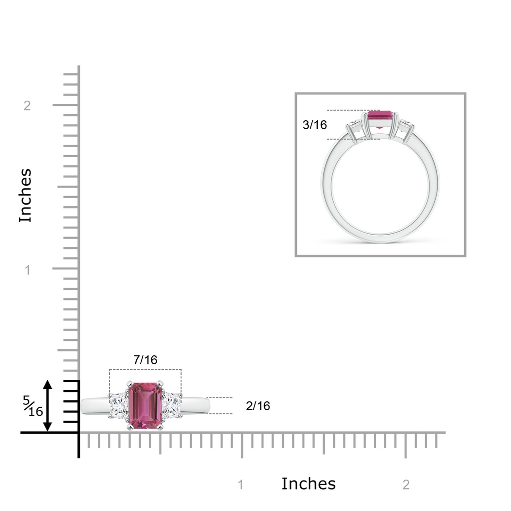 8x6mm AAAA Pink Tourmaline and Diamond Three Stone Ring in White Gold Ruler