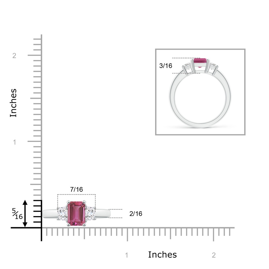 8x6mm AAAA Pink Tourmaline and Diamond Three Stone Ring in White Gold ruler