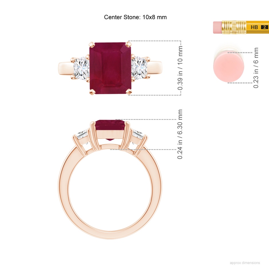 10x8mm A Ruby and Diamond Three Stone Ring in Rose Gold ruler