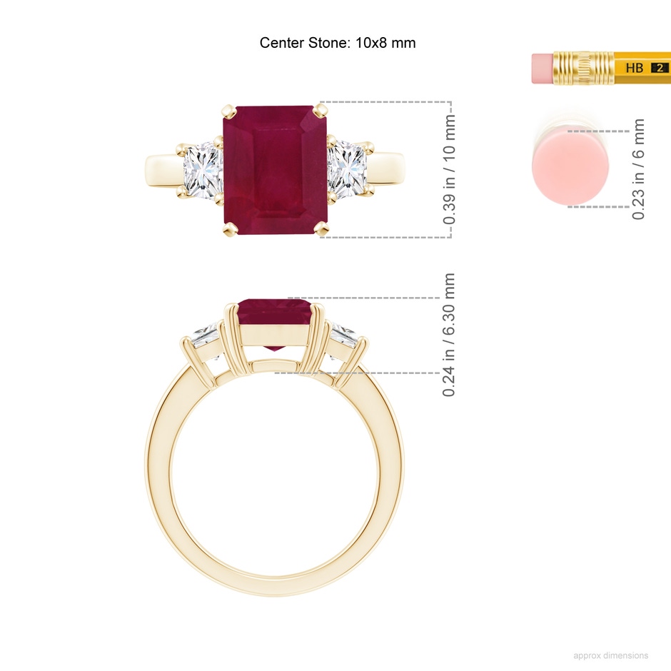 10x8mm A Ruby and Diamond Three Stone Ring in Yellow Gold ruler