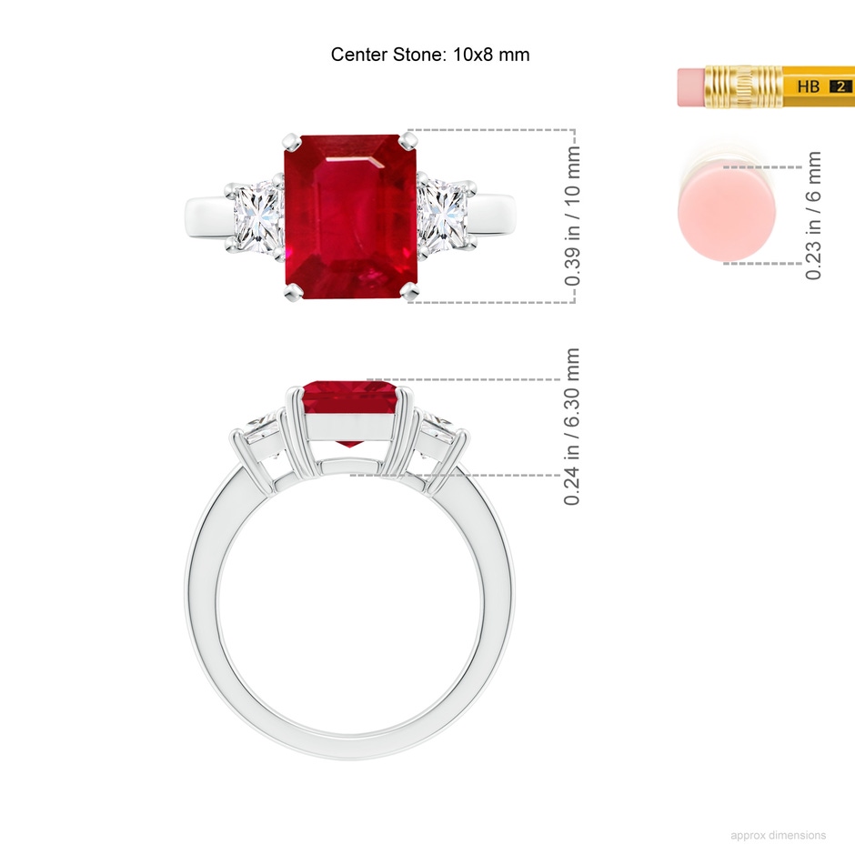 10x8mm AAA Ruby and Diamond Three Stone Ring in P950 Platinum ruler