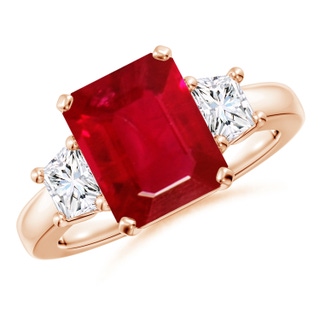 10x8mm AAA Ruby and Diamond Three Stone Ring in Rose Gold