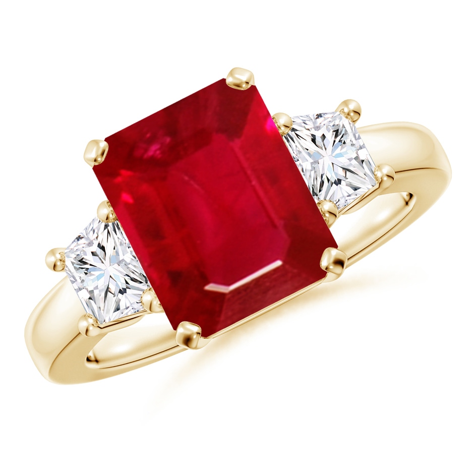 10x8mm AAA Ruby and Diamond Three Stone Ring in Yellow Gold 
