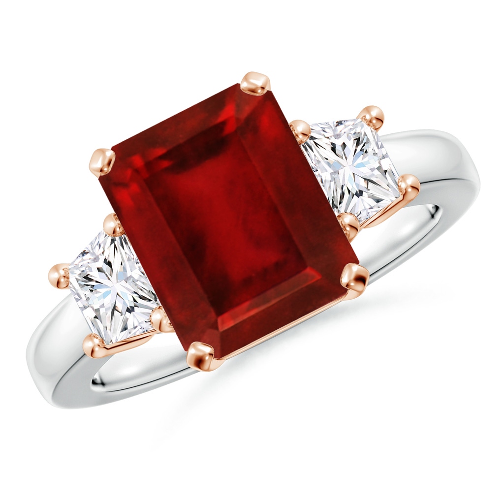 10x8mm AAAA Ruby and Diamond Three Stone Ring in White Gold Rose Gold
