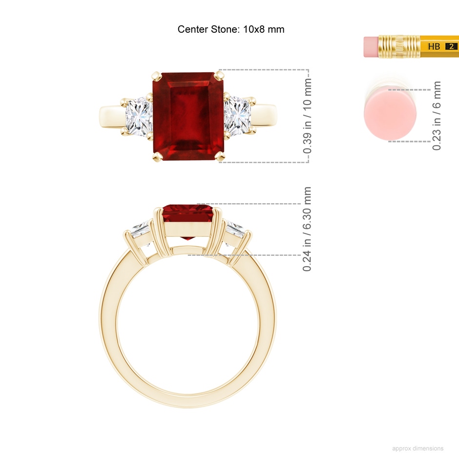 10x8mm AAAA Ruby and Diamond Three Stone Ring in Yellow Gold ruler