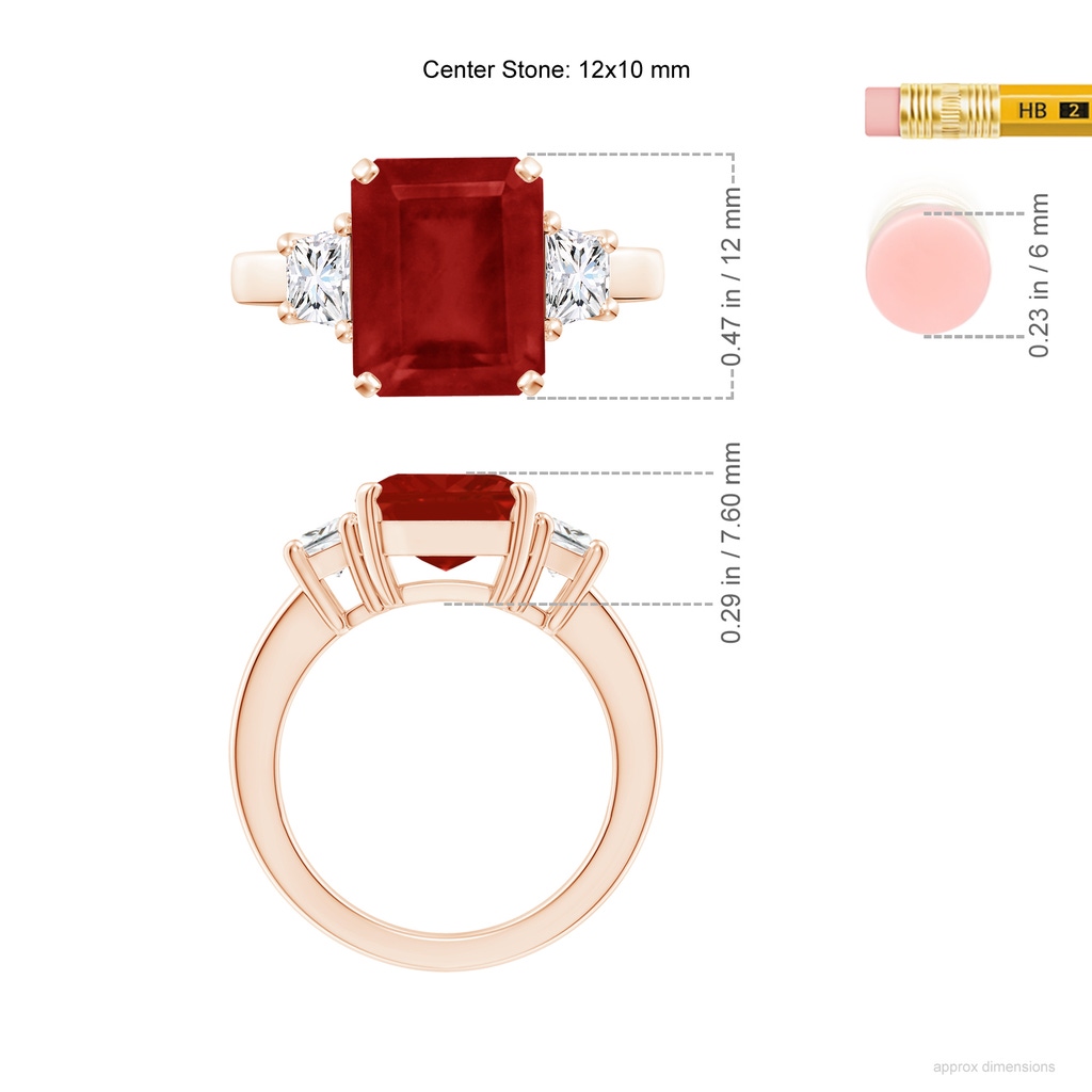 12x10mm AA Ruby and Diamond Three Stone Ring in Rose Gold ruler