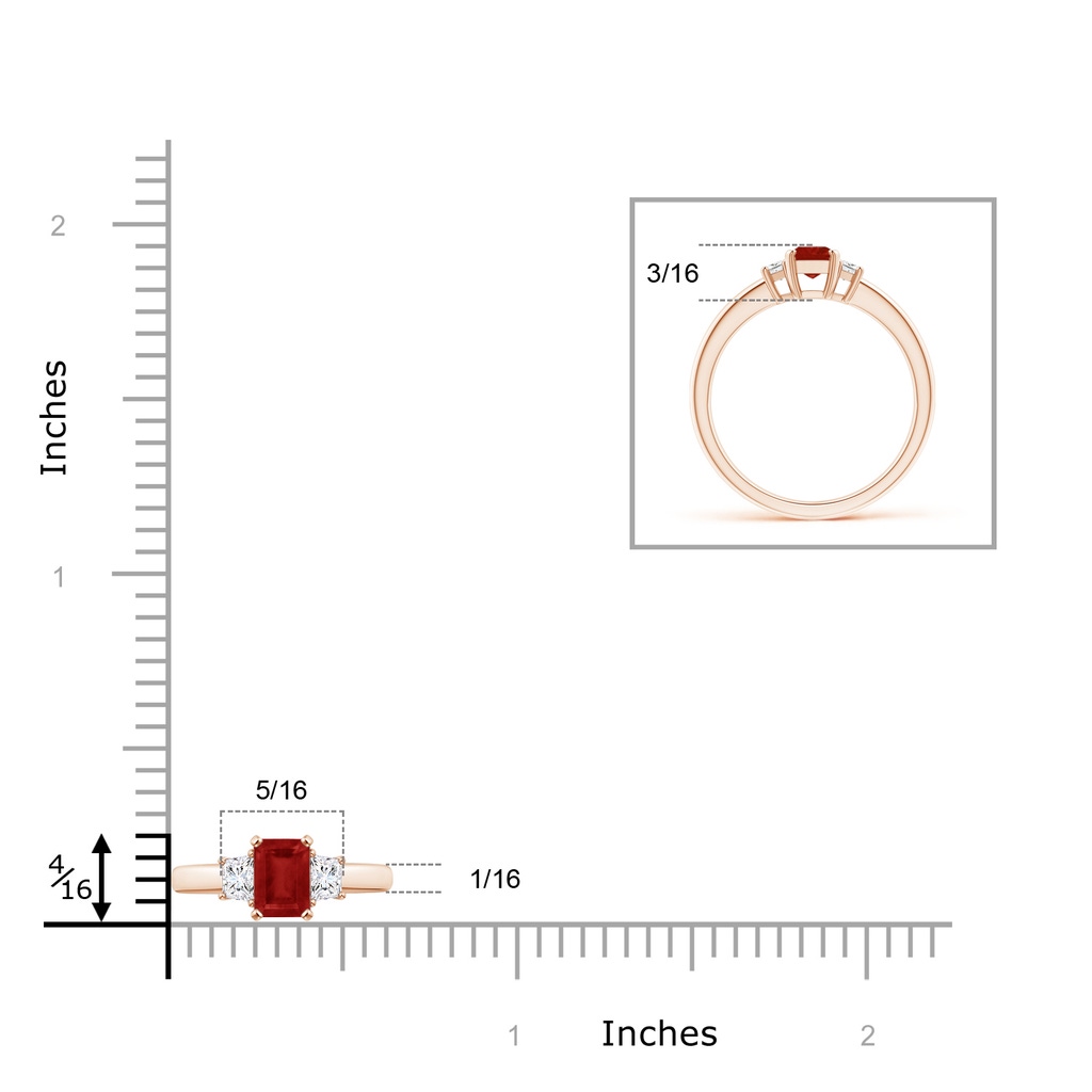 6x4mm AA Ruby and Diamond Three Stone Ring in Rose Gold ruler