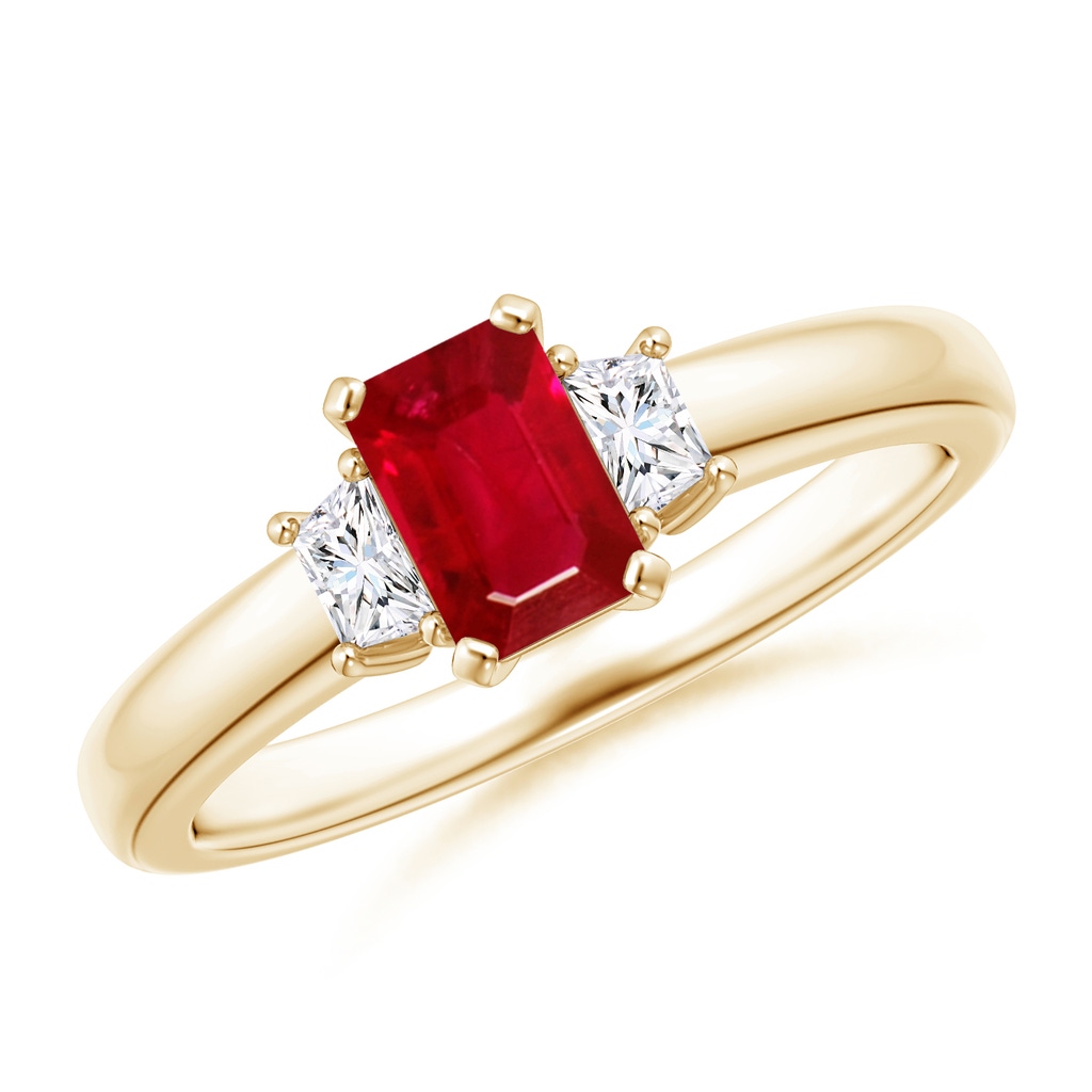 6x4mm AAA Ruby and Diamond Three Stone Ring in Yellow Gold
