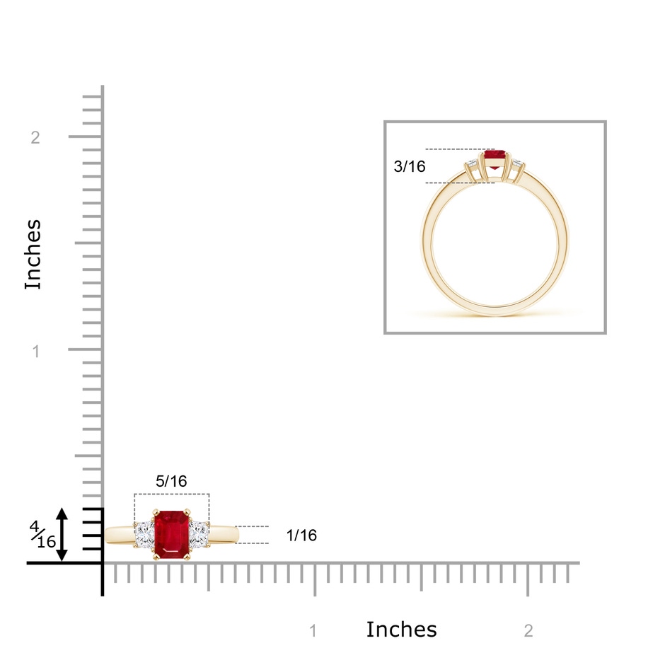 6x4mm AAA Ruby and Diamond Three Stone Ring in Yellow Gold ruler