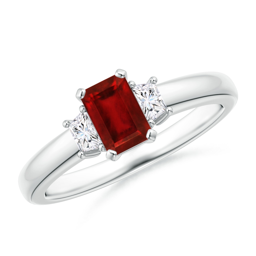 6x4mm AAAA Ruby and Diamond Three Stone Ring in P950 Platinum