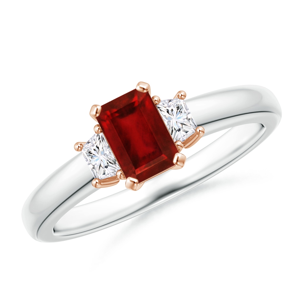 6x4mm AAAA Ruby and Diamond Three Stone Ring in White Gold Rose Gold