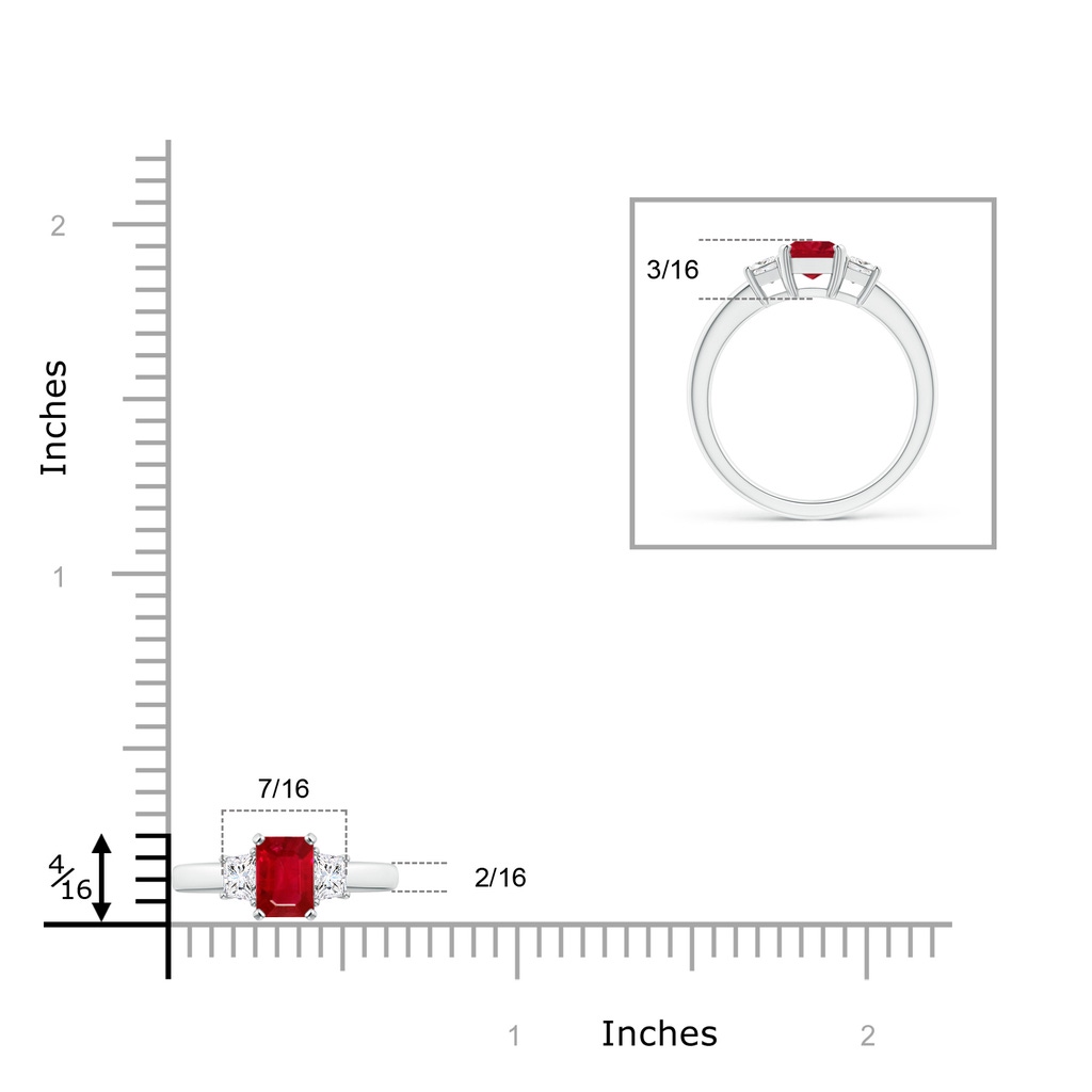 7x5mm AAA Ruby and Diamond Three Stone Ring in P950 Platinum ruler