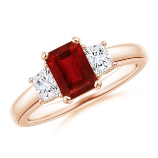 7x5mm AAAA Ruby and Diamond Three Stone Ring in 9K Rose Gold