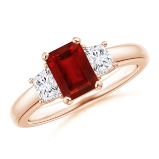 7x5mm AAAA Ruby and Diamond Three Stone Ring in Rose Gold