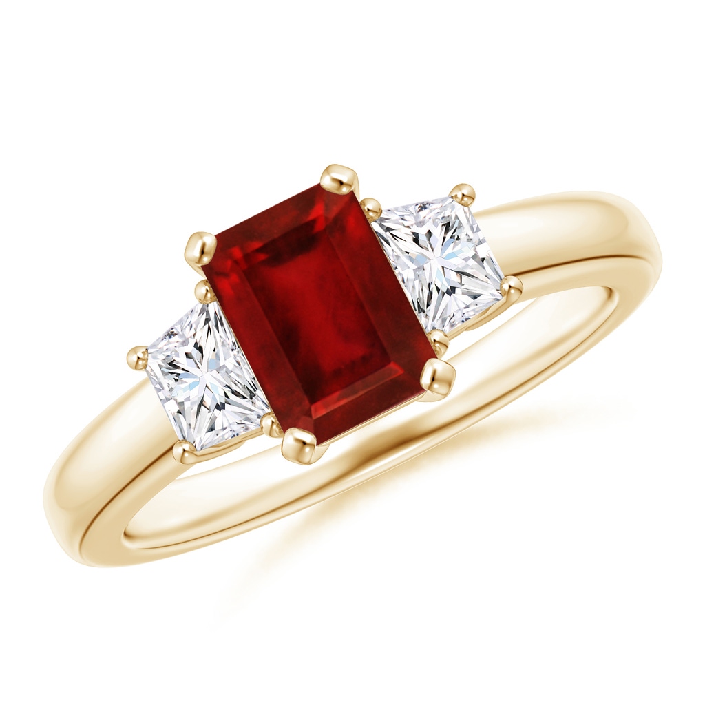 7x5mm AAAA Ruby and Diamond Three Stone Ring in Yellow Gold