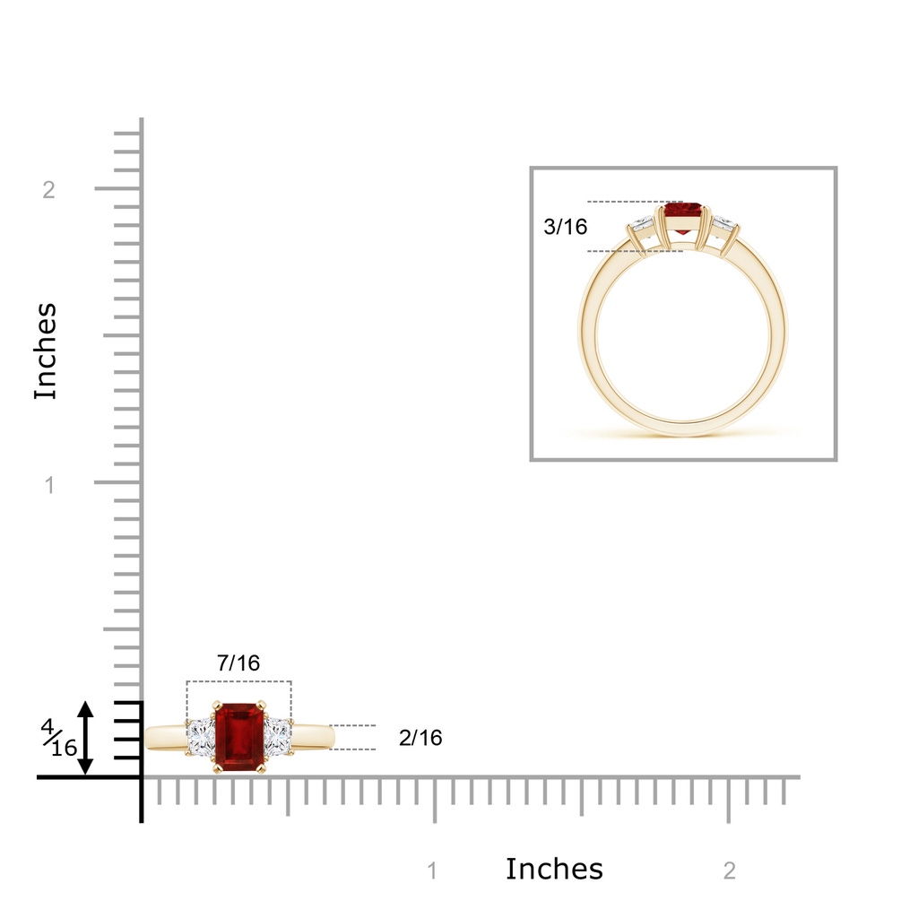 7x5mm AAAA Ruby and Diamond Three Stone Ring in Yellow Gold ruler