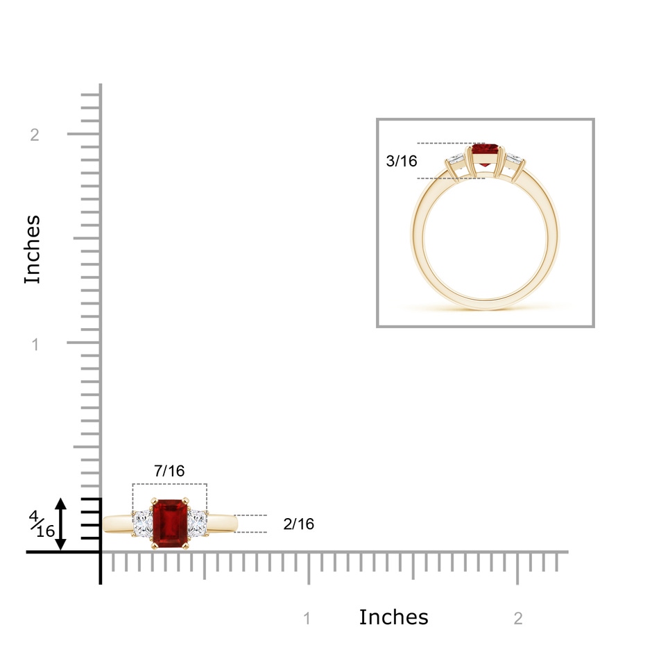 7x5mm AAAA Ruby and Diamond Three Stone Ring in Yellow Gold ruler