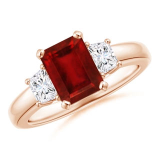 8x6mm AAAA Ruby and Diamond Three Stone Ring in 10K Rose Gold