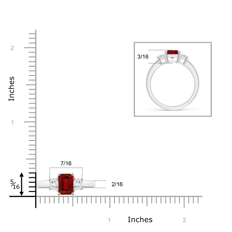 8x6mm AAAA Ruby and Diamond Three Stone Ring in P950 Platinum ruler
