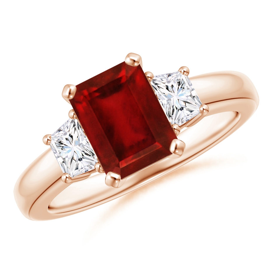 8x6mm AAAA Ruby and Diamond Three Stone Ring in Rose Gold 