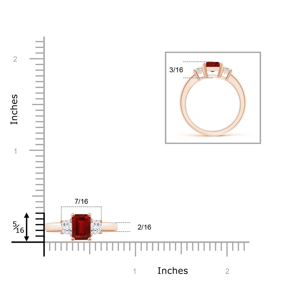 8x6mm AAAA Ruby and Diamond Three Stone Ring in Rose Gold ruler