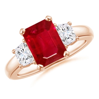9x7mm AAA Ruby and Diamond Three Stone Ring in 10K Rose Gold