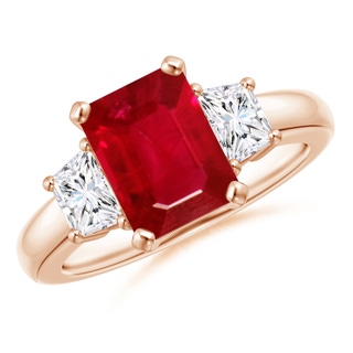 9x7mm AAA Ruby and Diamond Three Stone Ring in 9K Rose Gold