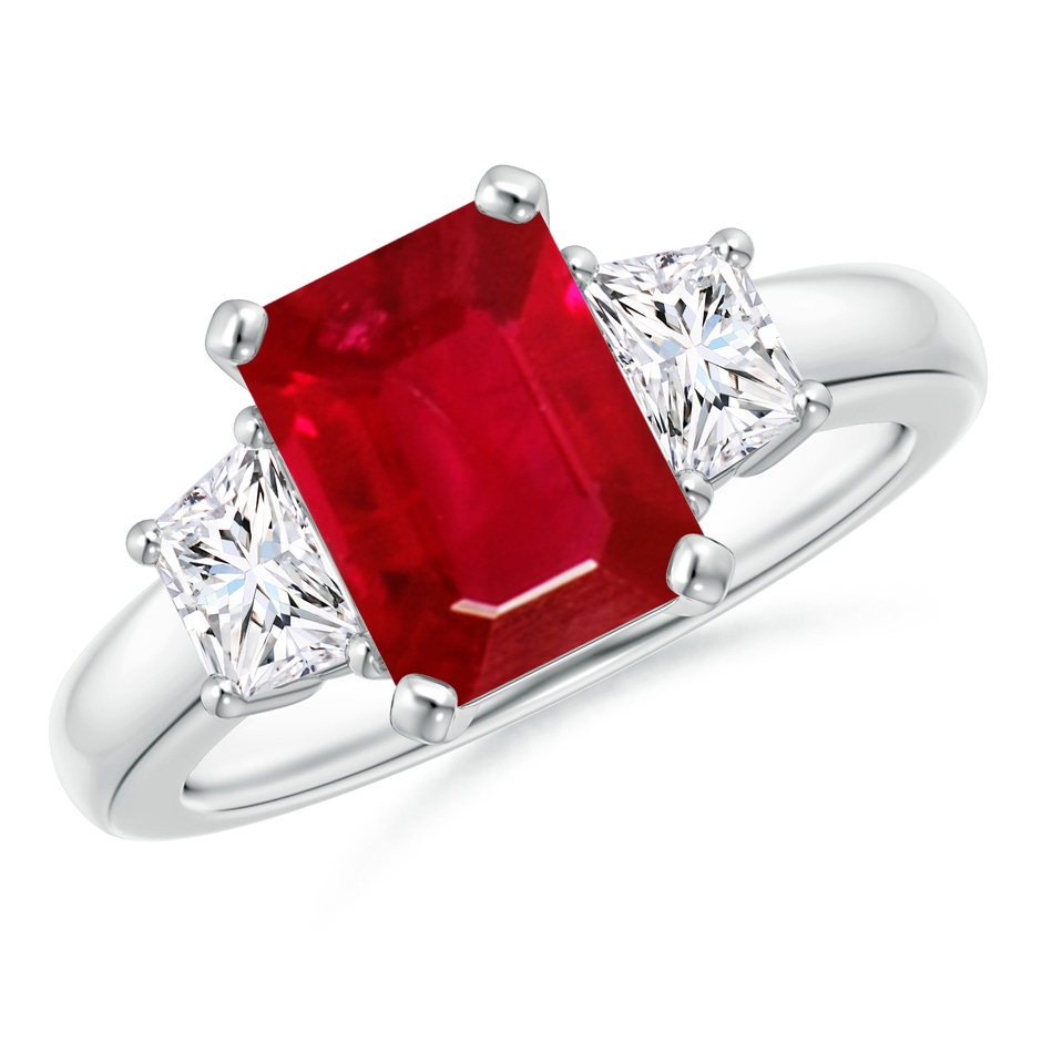 9x7mm AAA Ruby and Diamond Three Stone Ring in P950 Platinum 