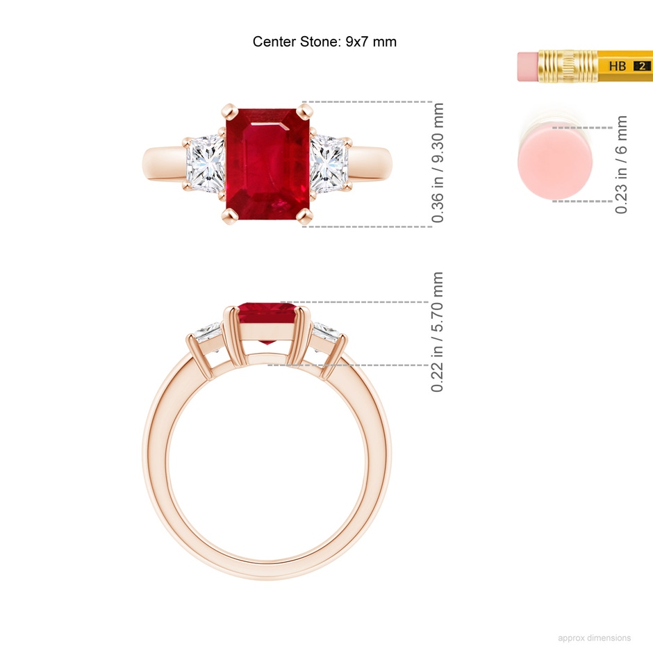 9x7mm AAA Ruby and Diamond Three Stone Ring in Rose Gold ruler