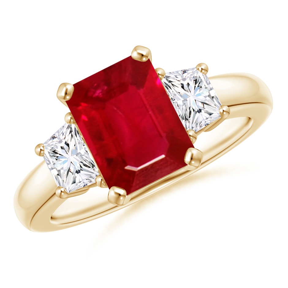 9x7mm AAA Ruby and Diamond Three Stone Ring in Yellow Gold 