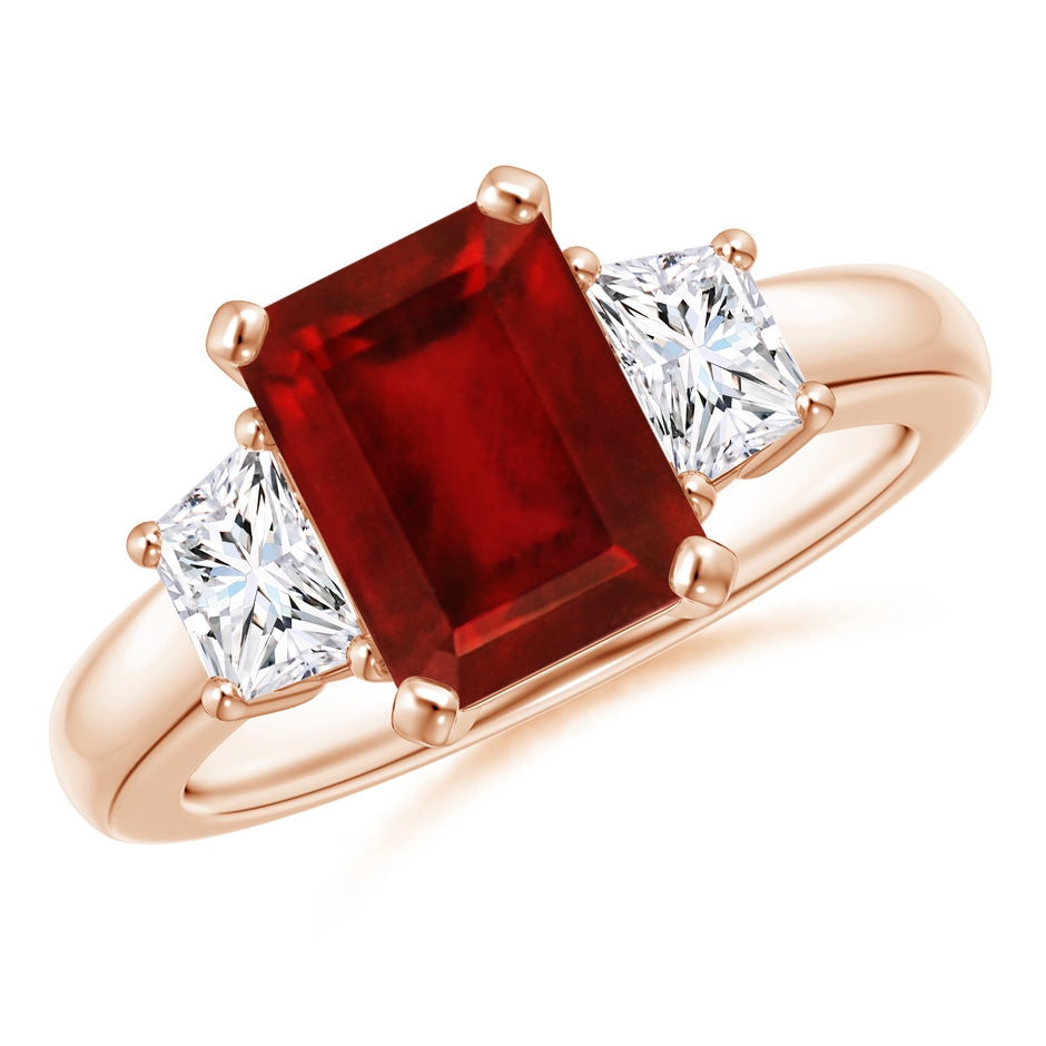 9x7mm AAAA Ruby and Diamond Three Stone Ring in Rose Gold 