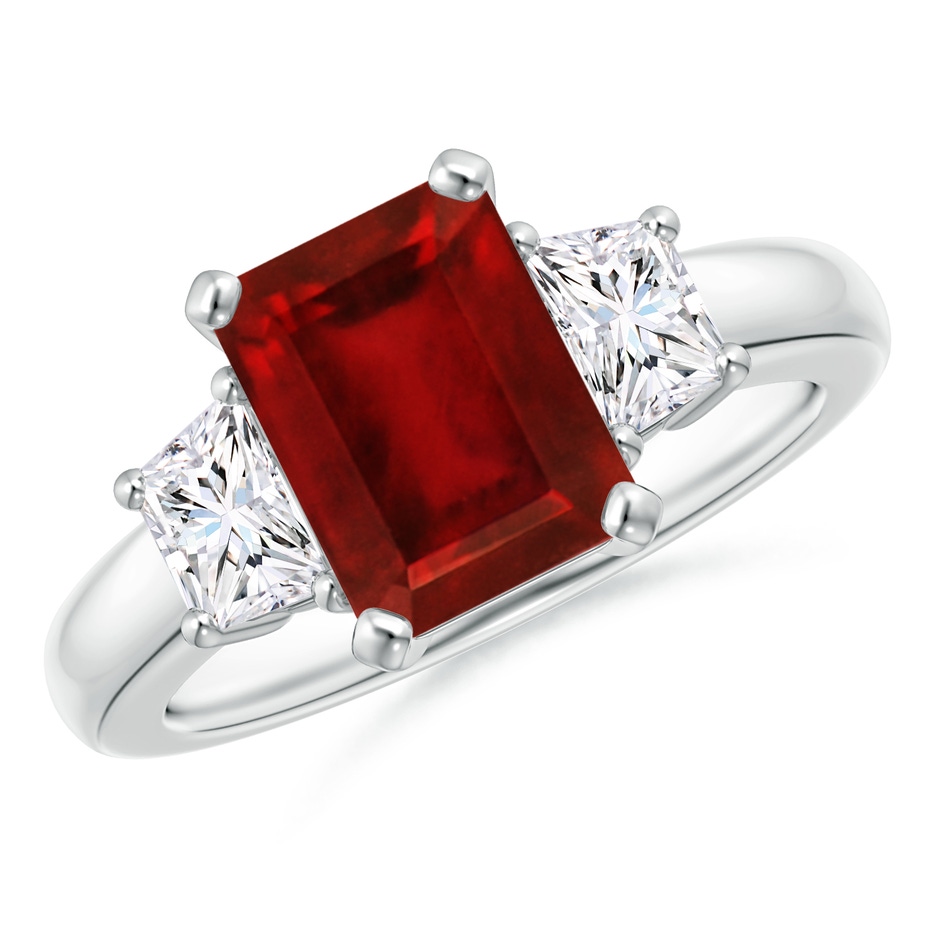 9x7mm AAAA Ruby and Diamond Three Stone Ring in White Gold 