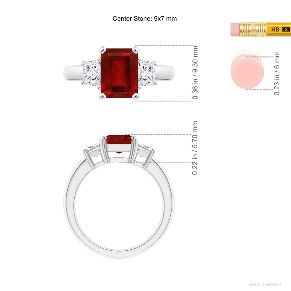 9x7mm AAAA Ruby and Diamond Three Stone Ring in White Gold ruler