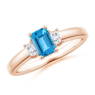 6x4mm AAA Swiss Blue Topaz and Diamond Three Stone Ring in 9K Rose Gold