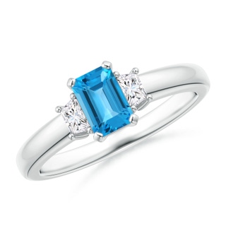 6x4mm AAA Swiss Blue Topaz and Diamond Three Stone Ring in White Gold