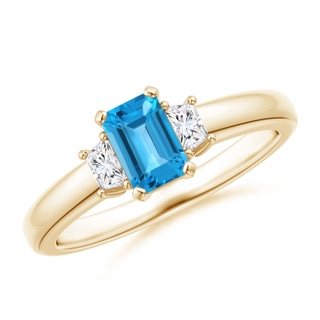 6x4mm AAA Swiss Blue Topaz and Diamond Three Stone Ring in Yellow Gold